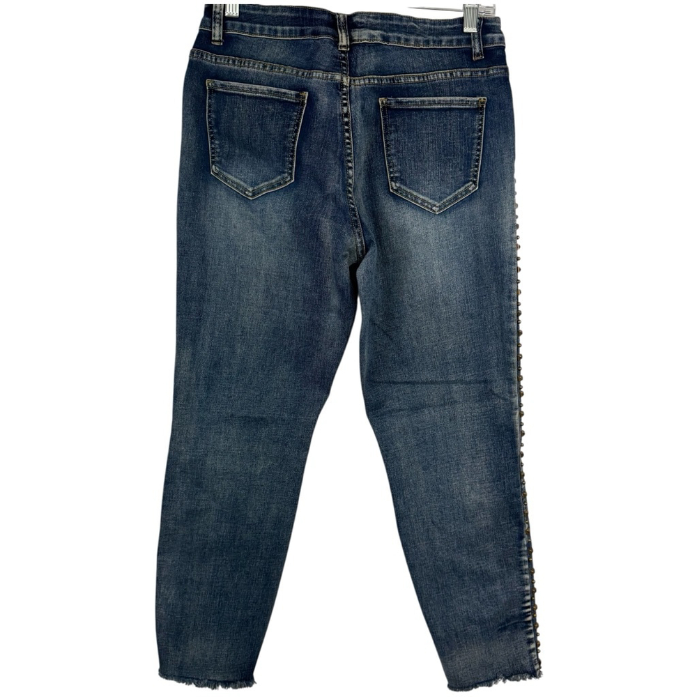 A.Z.I Jeans Womens 8 Blue Denim Cropped Studded Embellished High Rise Raw Hem - Picture 3 of 10